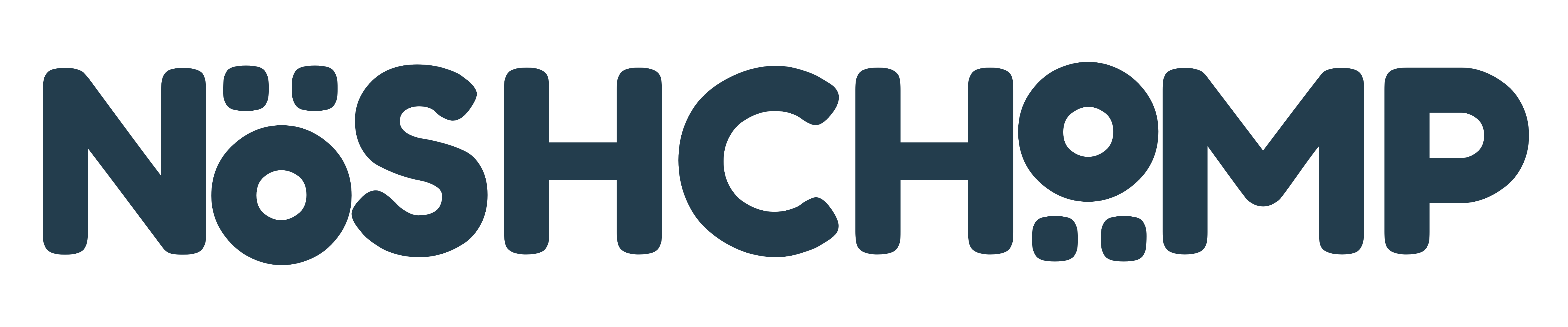 Logo of Noshchomp featuring stylized lettering in a deep blue hue, emphasizing a modern and holistic brand identity.